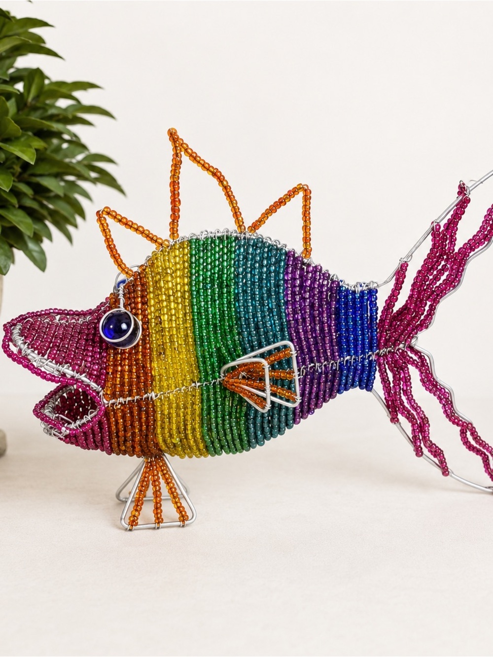 Handmade Rainbow Beaded Fish Sculpture | Colorful Wire Art Folk Art Decor